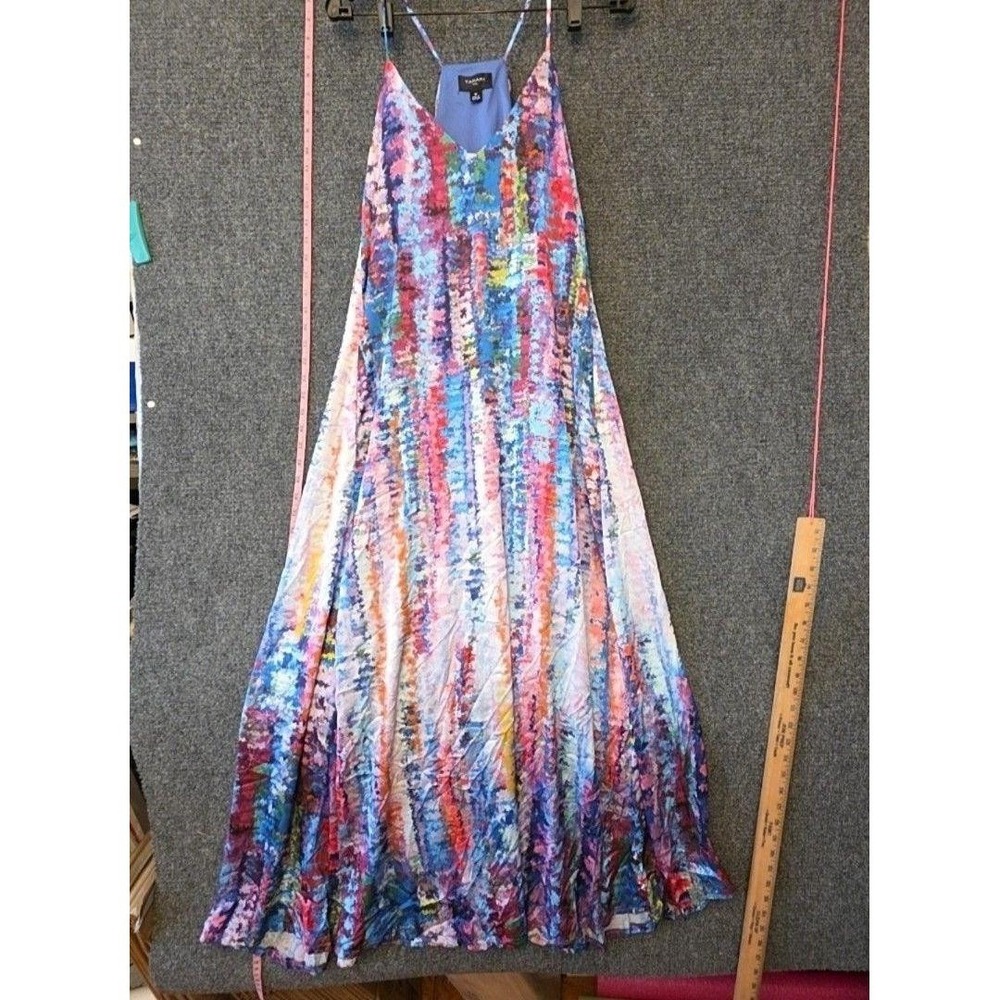 Tahari ASL Dress Womens M Multicolor Tie Dye Maxi Slip V Neck Pleated Lined
